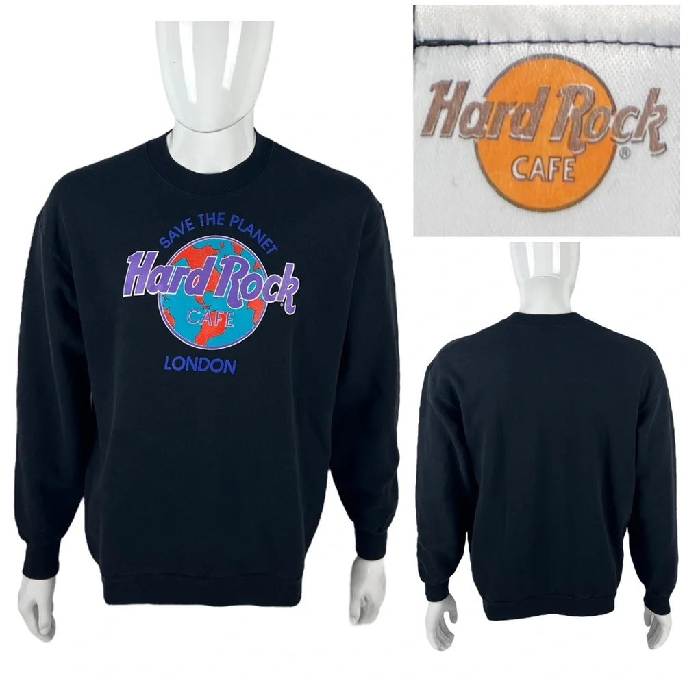 Hard Rock Cafe London Mens Large Sweatshirt Crewneck Vintage Black Cotton Blend